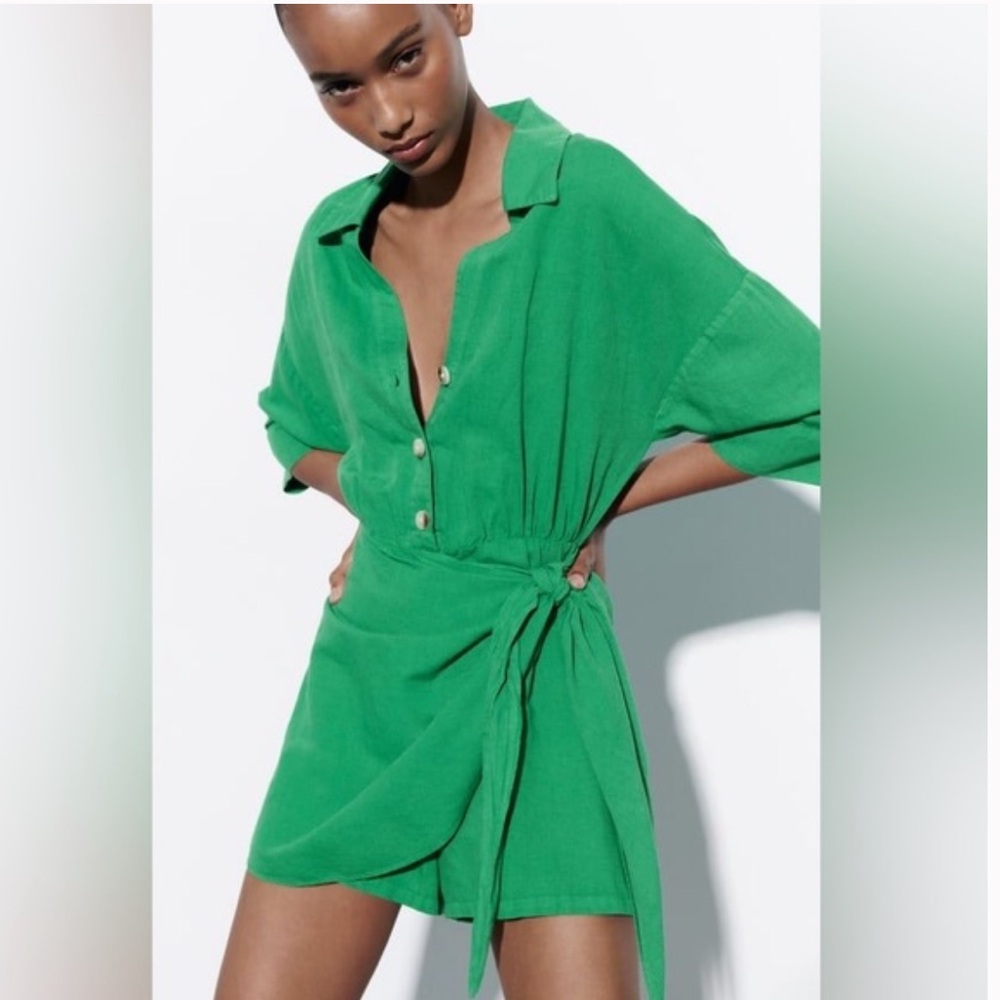 Zara Linen Blend Green Wrap Romper XS